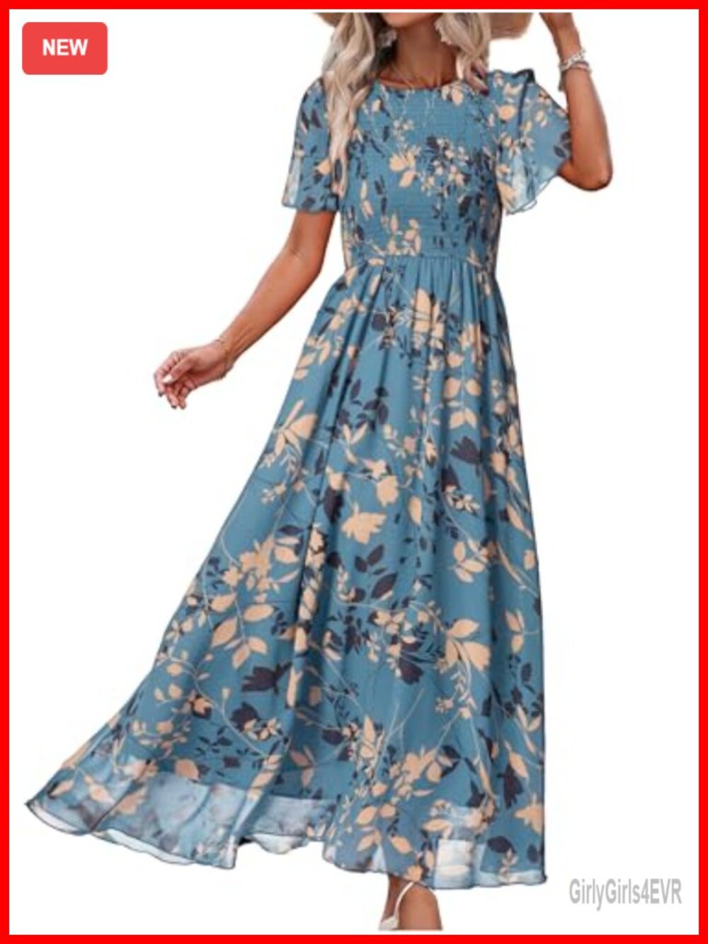 Womens Floral Chiffon Smocked Flutter Sleeve Maxi Wedding Guest Dress